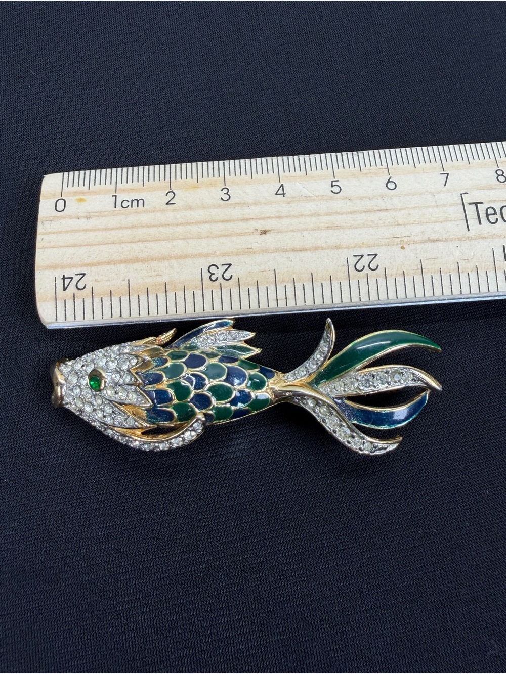 Vintage-Inspired Green Enamel Koi Fish Brooch with Crystal Accents